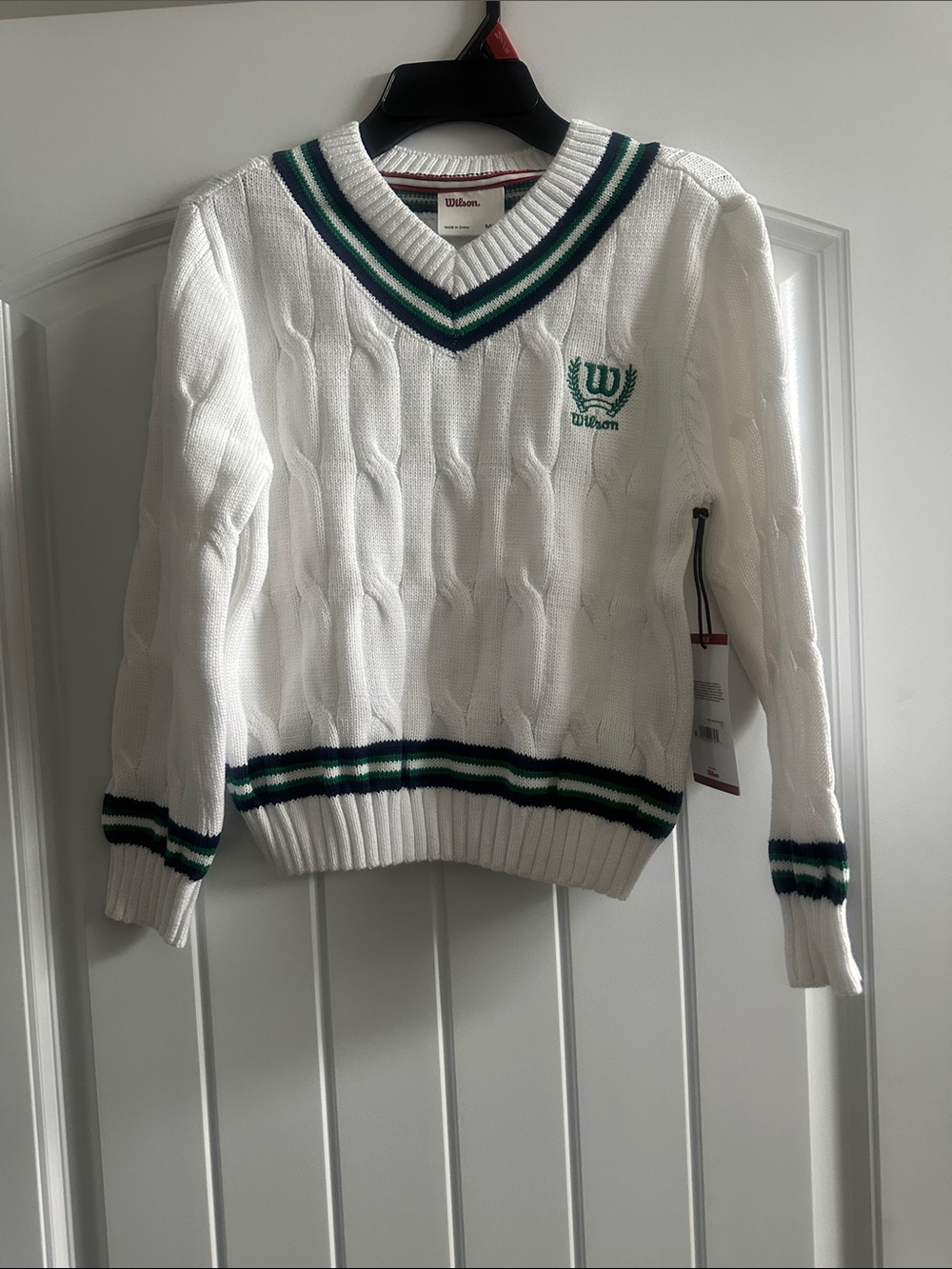 Wilson White Cable-Knit V-Neck Sweater with Green & Navy Trim